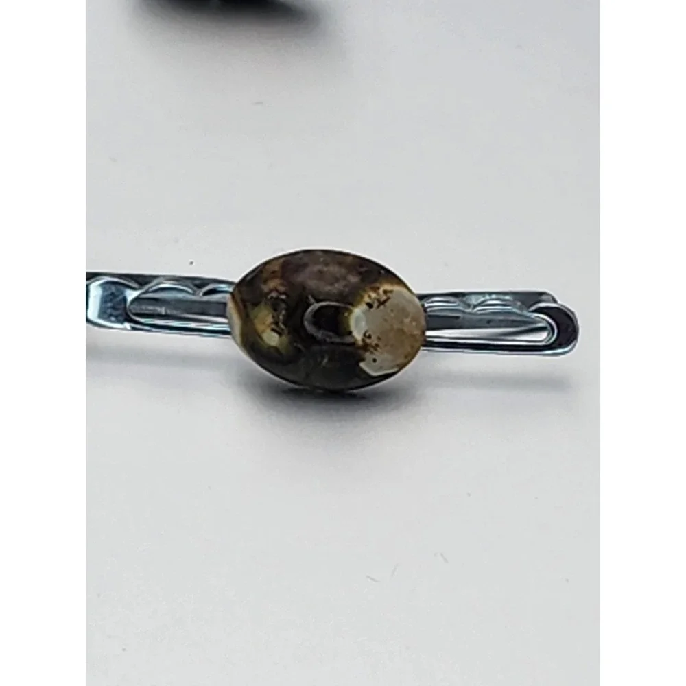 Vtg AGATE W/ FOSSILS Cabochon Men's Tie‎ Bar Clip & Cufflinks Set FREE $HIPPING!